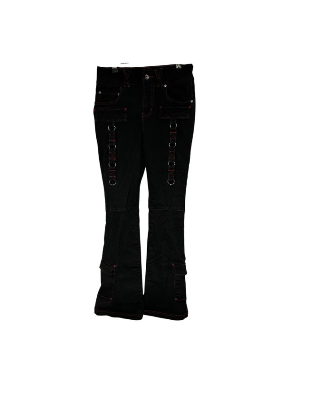 Hot Topic Black & Red Contrast Stitch Strap Flare Cargo Pants Size 5 Edgy - Picture 3 of 12